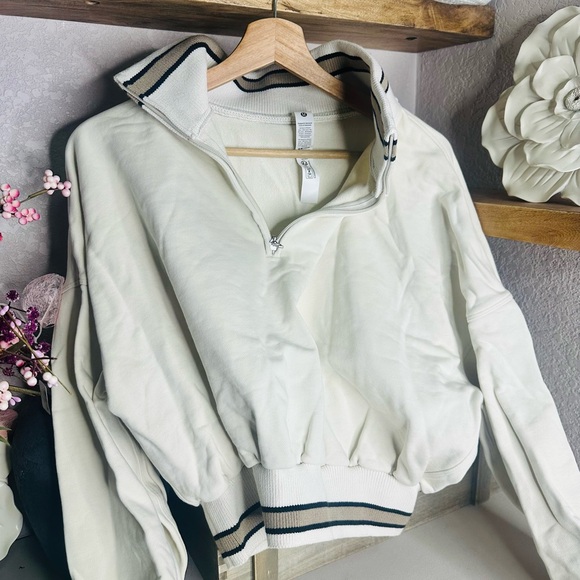 lululemon athletica Cropped Cream Varsity Jacket with Striped Trim - Picture 3 of 5